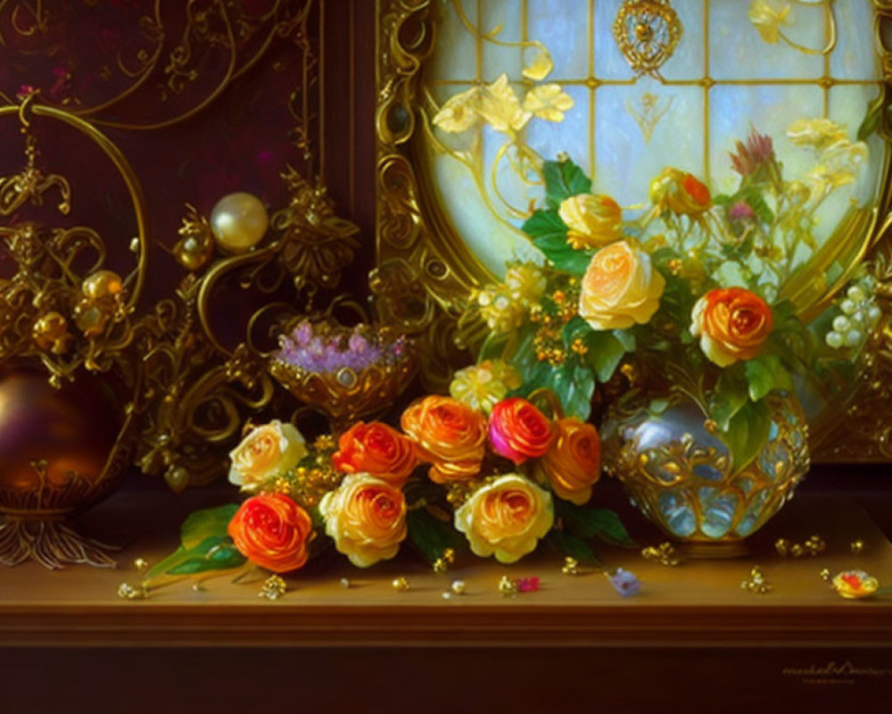 Vibrant yellow and peach roses in a still life painting with stained glass backdrop