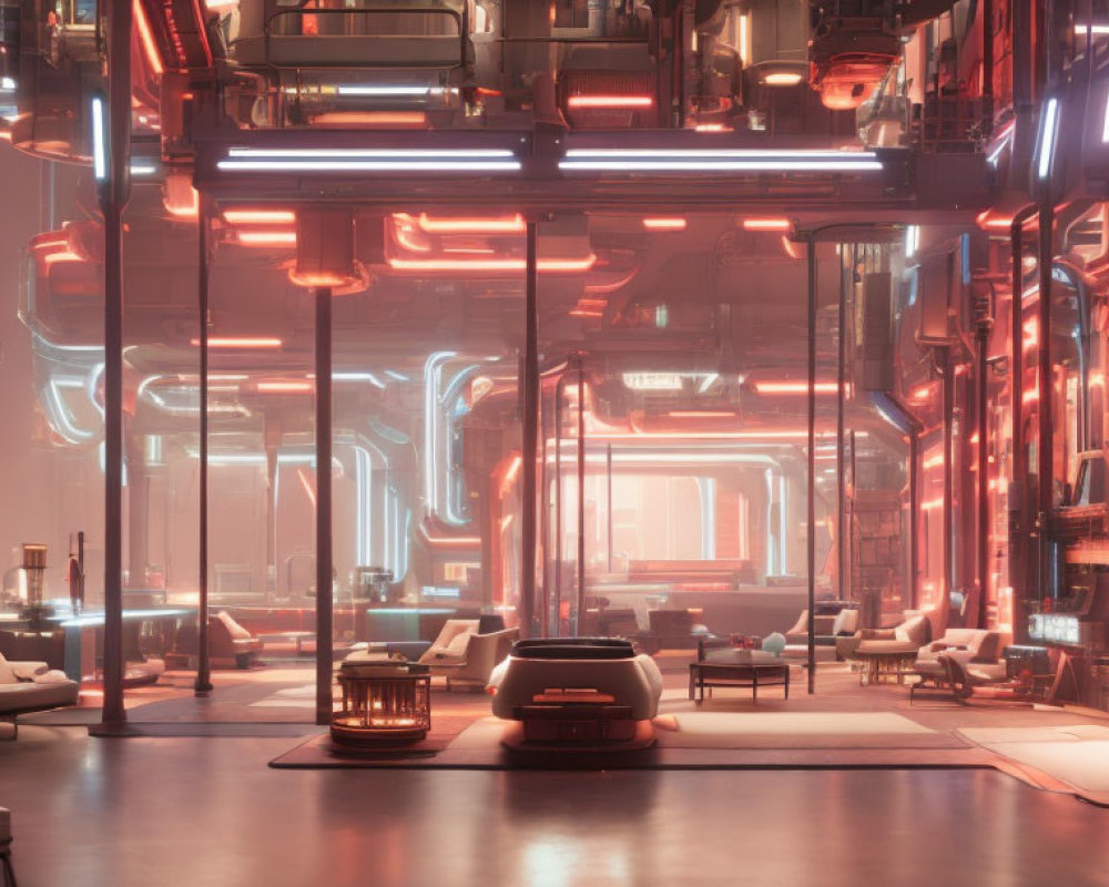 Futuristic interior with red neon lights, intricate ceiling piping, and modern furniture