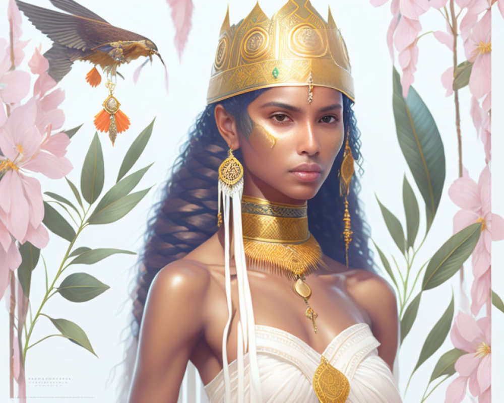 Regal woman with golden crown, raven, and pink flowers