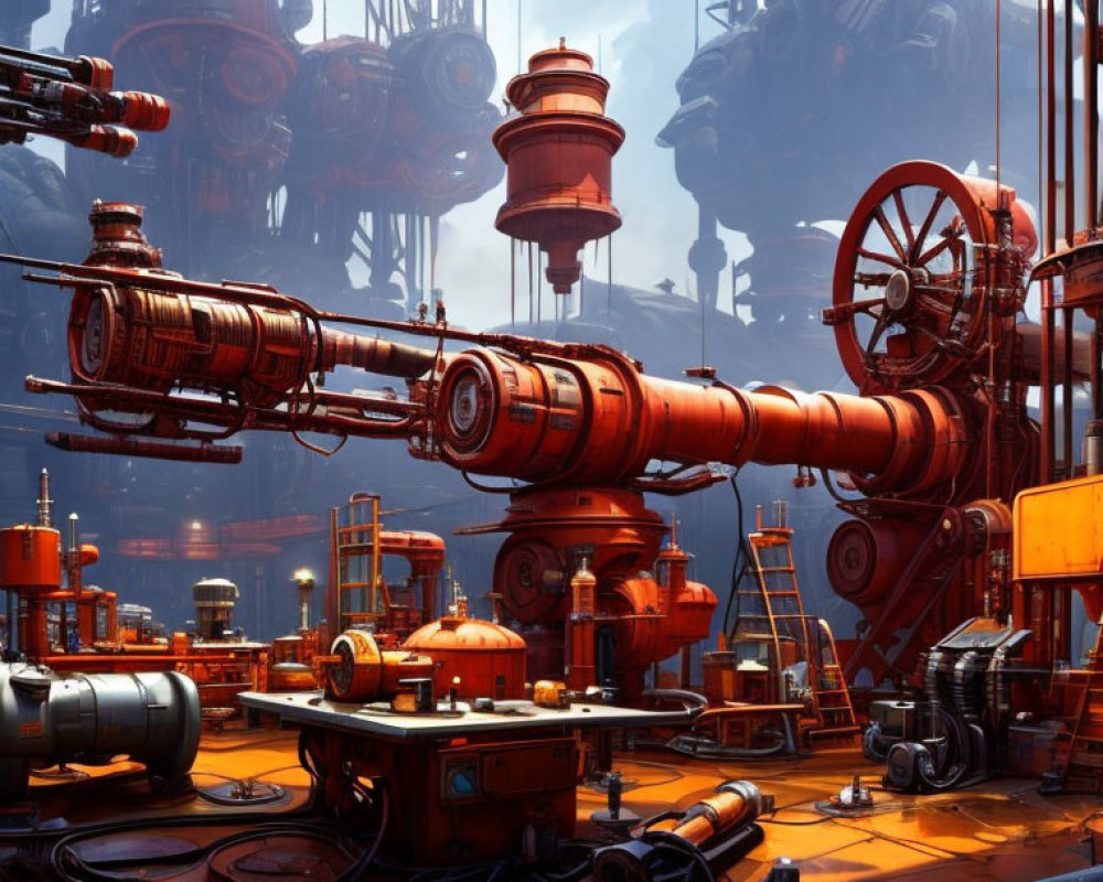 Detailed image of futuristic industrial setting with large machines and gears in warm tones.