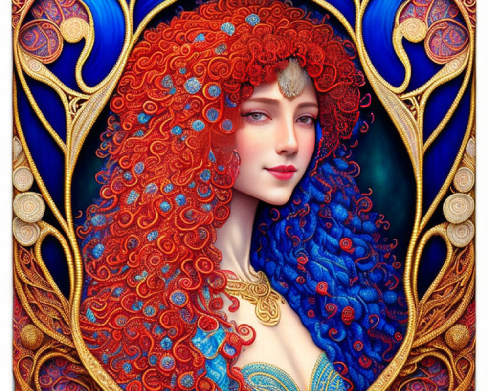 Detailed artwork of woman with curly red hair in gold decorations on blue background.