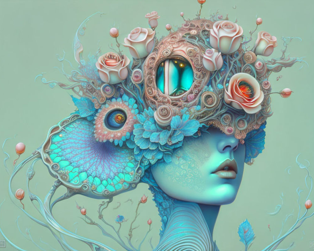 Illustration: Surreal female figure with floral and peacock feather adornments merging into turquoise skin