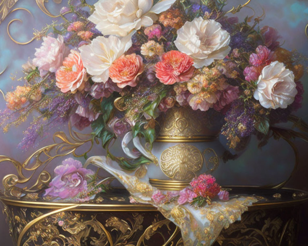 Gold-trimmed vase with pink, white, and purple flowers on blue background