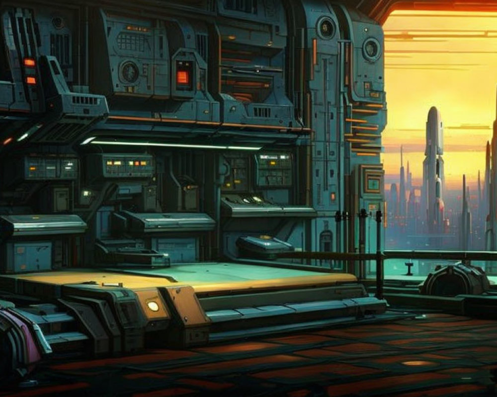 Futuristic room with control panels overlooking cityscape at sunset