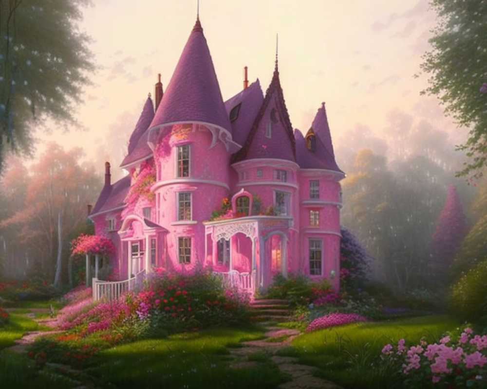 Pink castle-like house in lush forest with blooming flowers