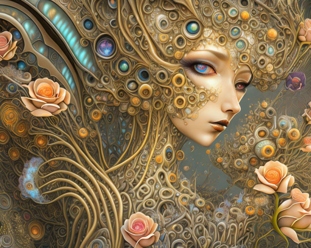 Fantastical digital art portrait of woman with gold filigree and roses, featuring hypnotic blue