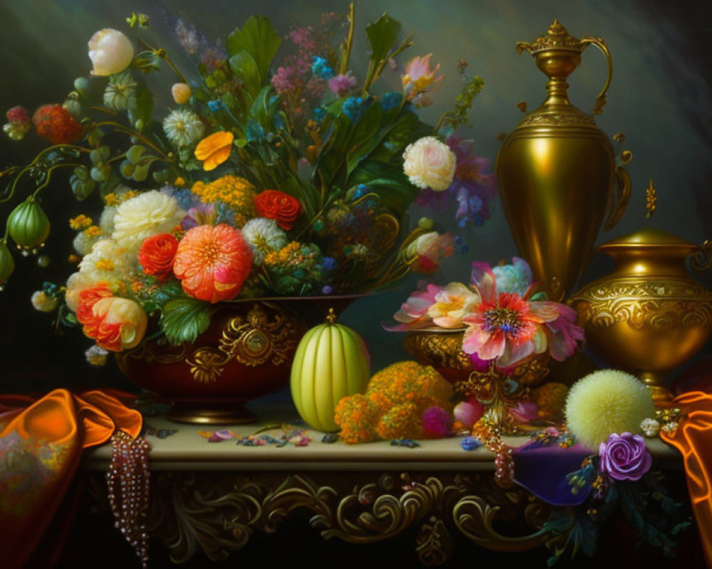 Opulent still life painting with vibrant flowers and golden vessels