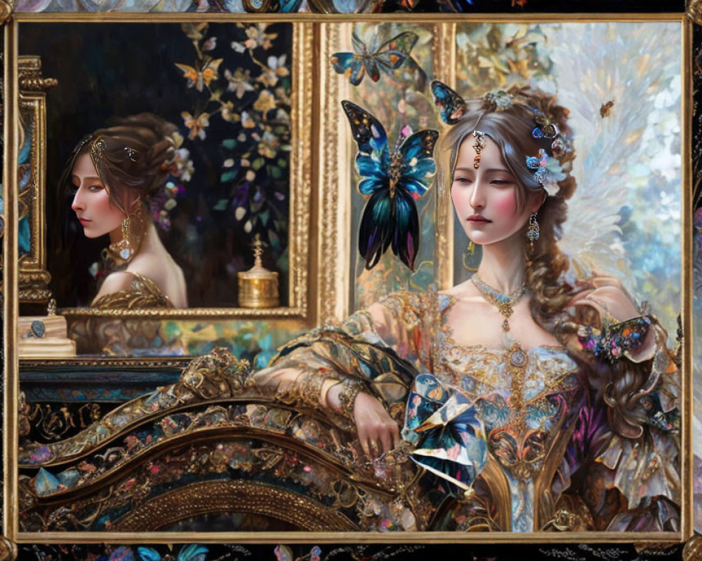 Detailed painting of woman with jewelry and butterfly in golden frame