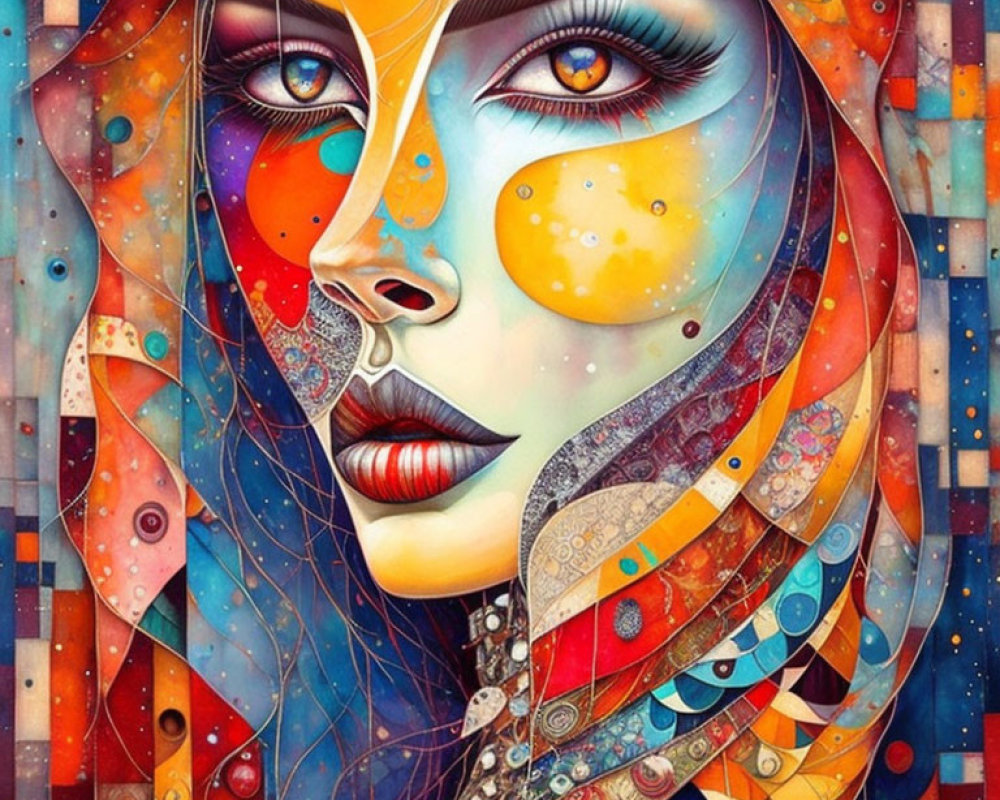 Vibrant portrait of a woman with abstract patterns and cosmic elements