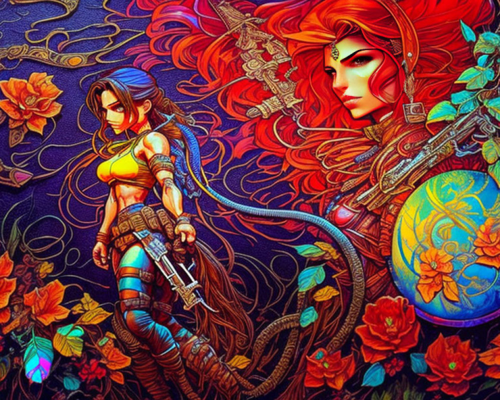 Fantasy Artwork: Two Female Characters with Elaborate Hairstyles and Serpentine Motifs