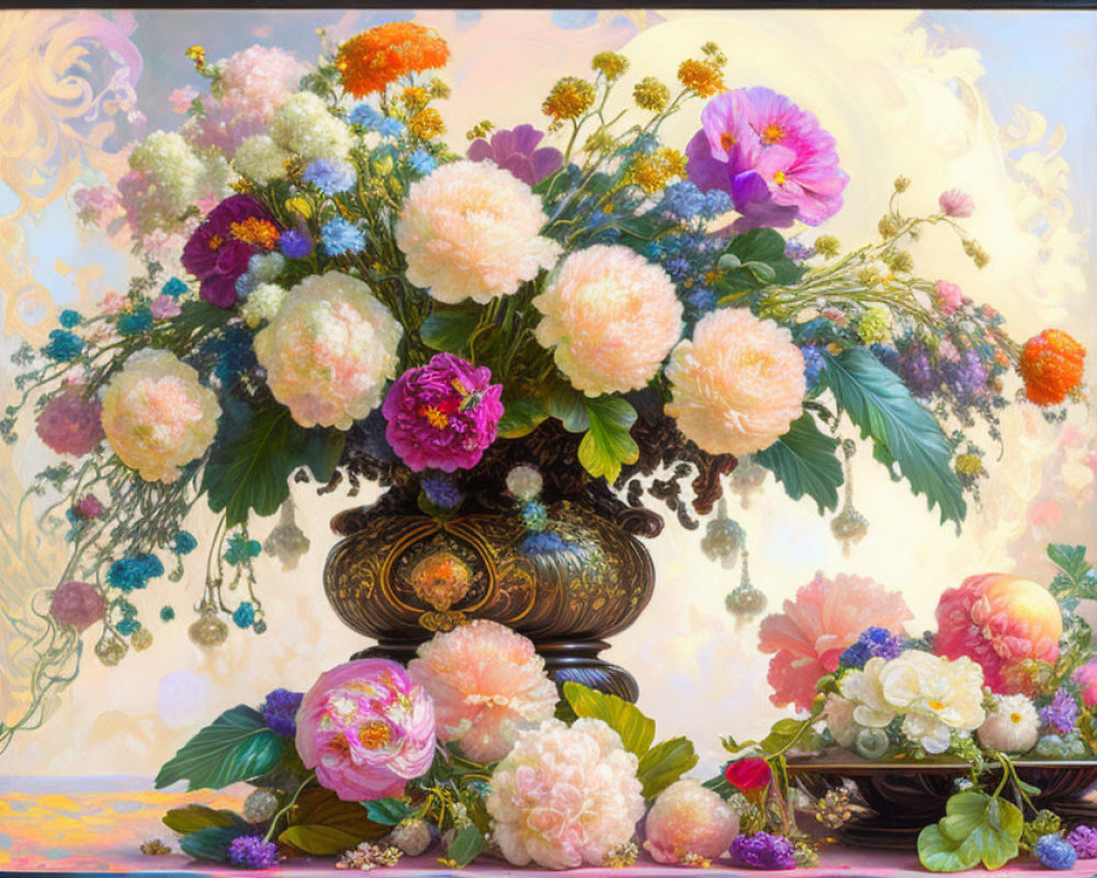 Colorful Floral Arrangement in Ornate Vase on Pastel Background