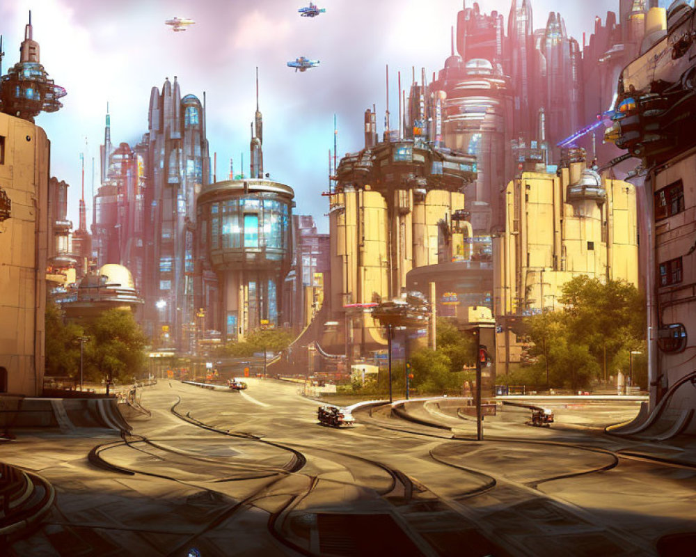 Futuristic cityscape with towering skyscrapers and flying vehicles