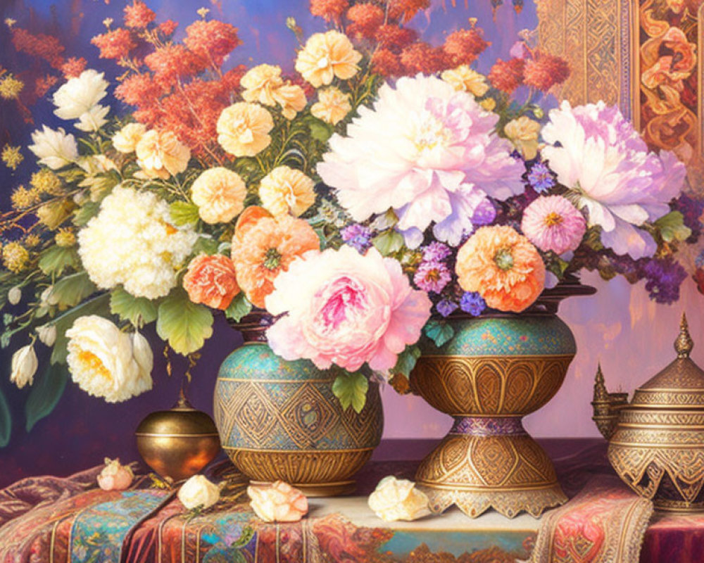 Colorful Flower Bouquet Still Life Painting with Ornate Vase and Textured Background