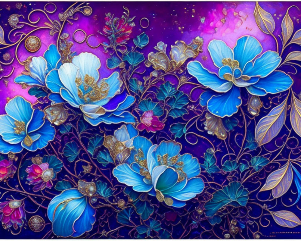 Colorful Stylized Blue Flowers with Golden Details on Purple and Pink Cosmic Background