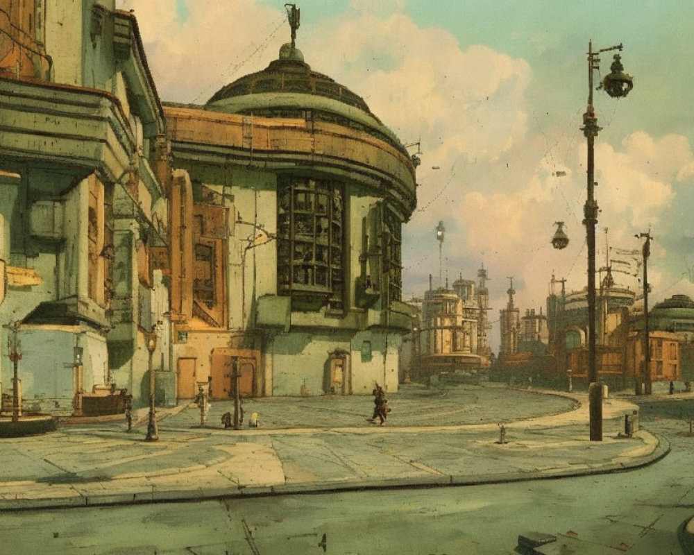 Vintage-style illustrated cityscape with neoclassical building, cobblestone streets, and lone figure