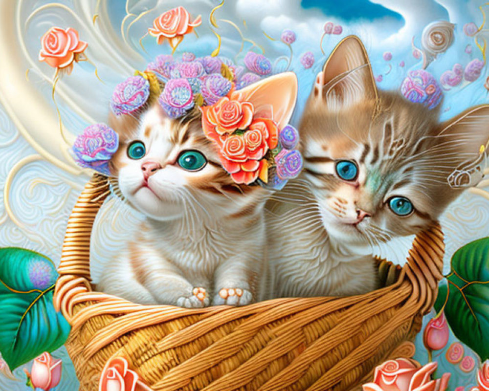 Two Kittens with Blue Eyes in Flowered Basket on Swirl Background