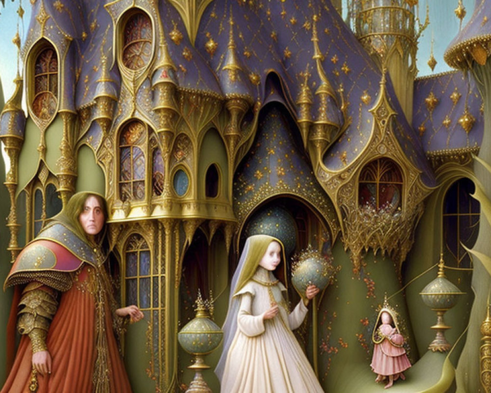 Medieval-themed fantasy illustration with ornate castle and star decorations