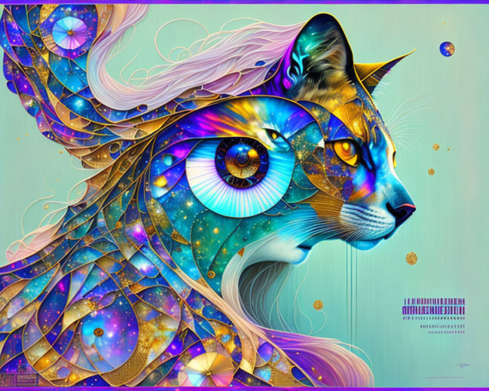 Colorful Stylized Cat Artwork with Cosmic Patterns on Teal Background