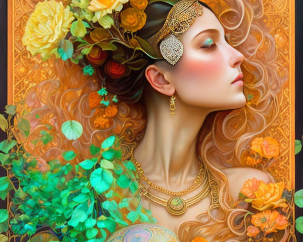 Woman adorned with golden jewelry in floral setting with skull, warm autumn tones