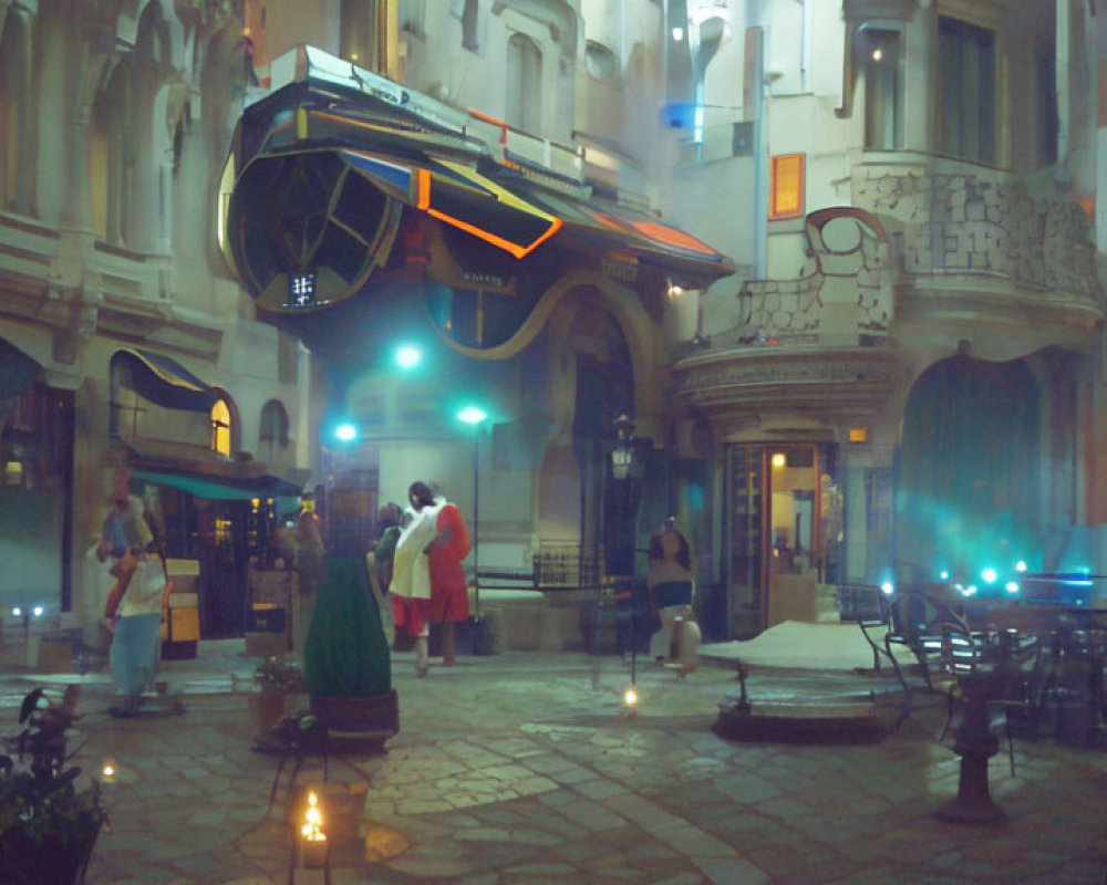 Futuristic vehicle hovers over old-fashioned square at night