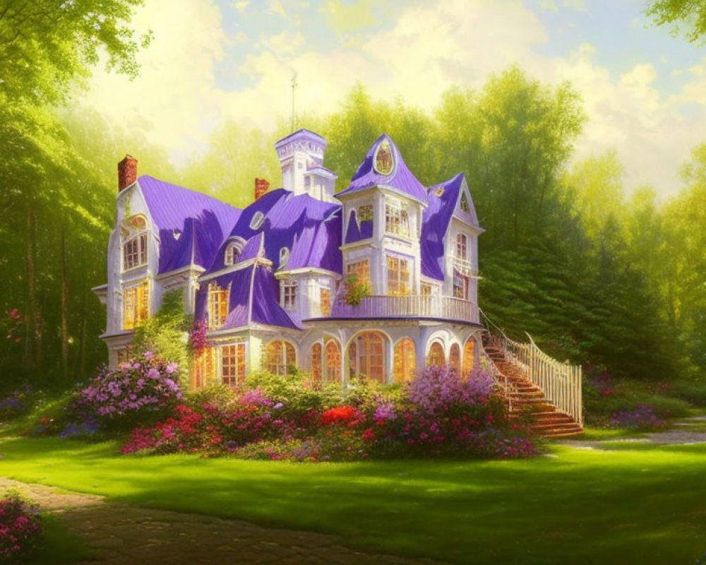 Victorian house with violet roof in lush greenery and flowers