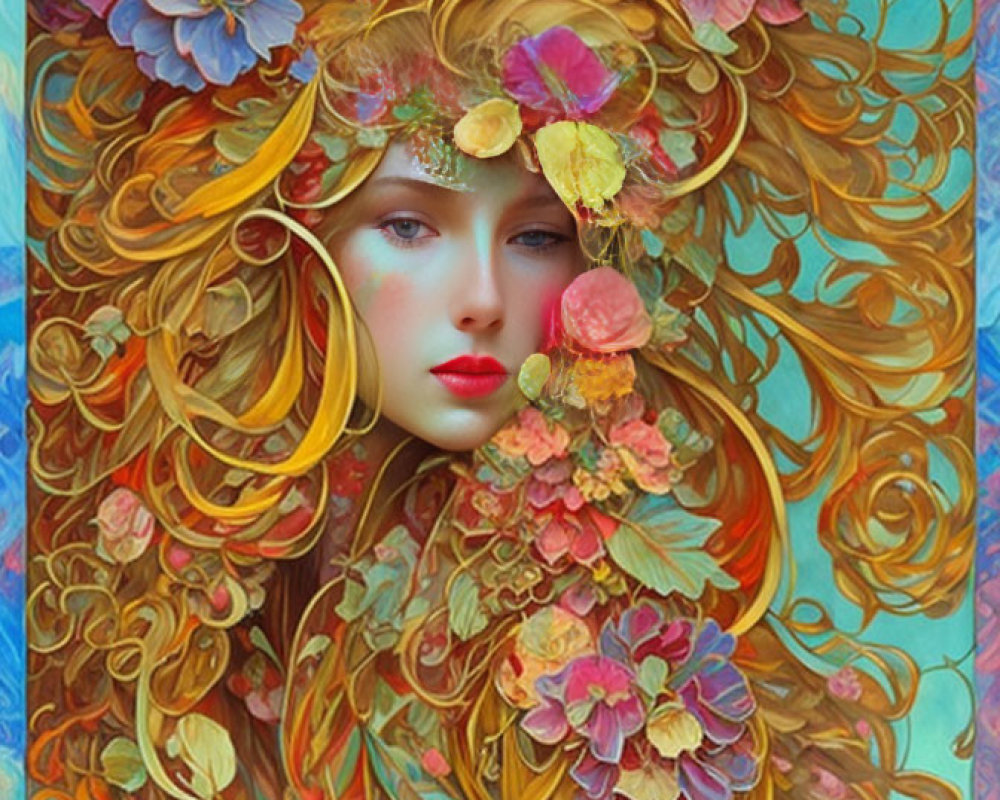 Colorful portrait of a woman with golden hair and flowers on blue background