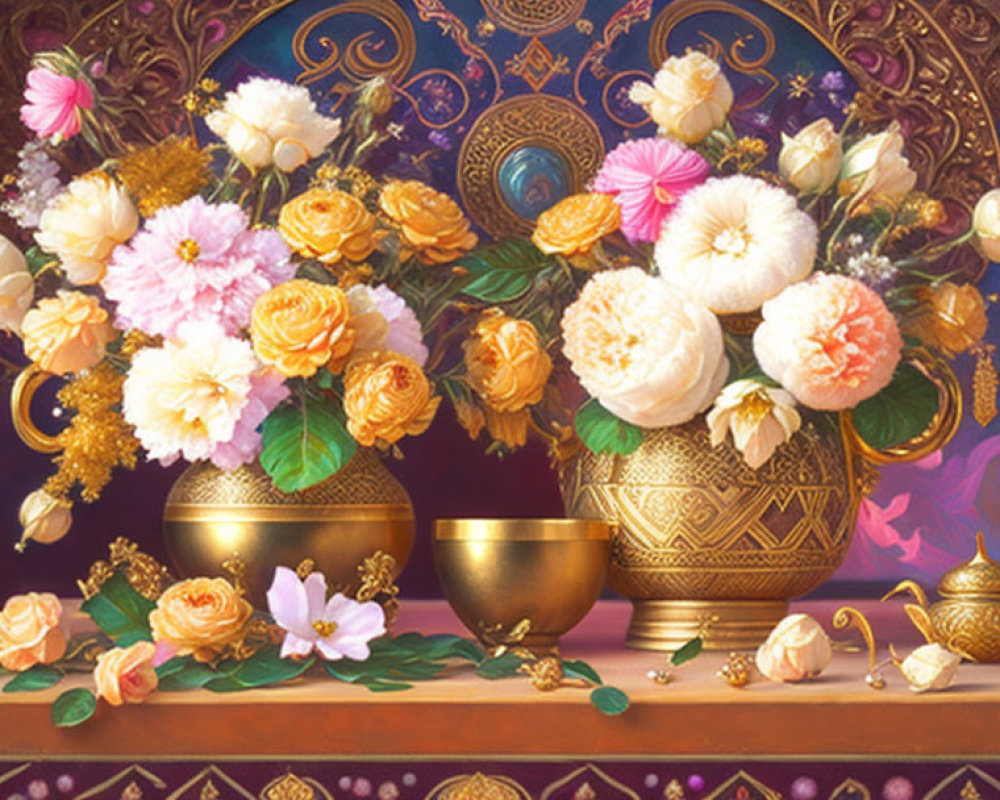 Colorful Still Life Painting with Flowers in Golden Vases