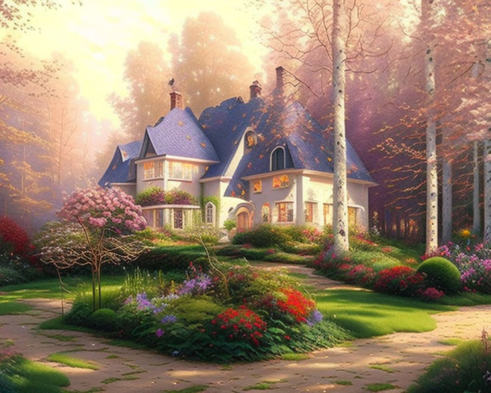 Blue-roofed cottage in serene forest clearing at sunset