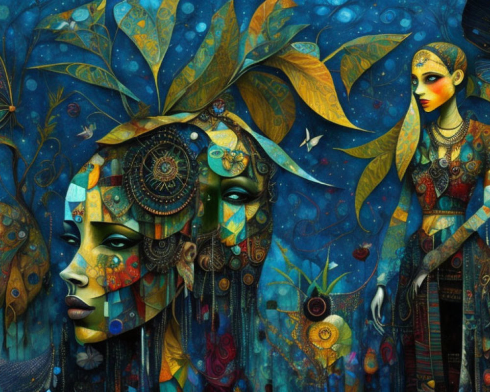 Colorful artwork: Stylized female figures with peacock feather motif in blue setting