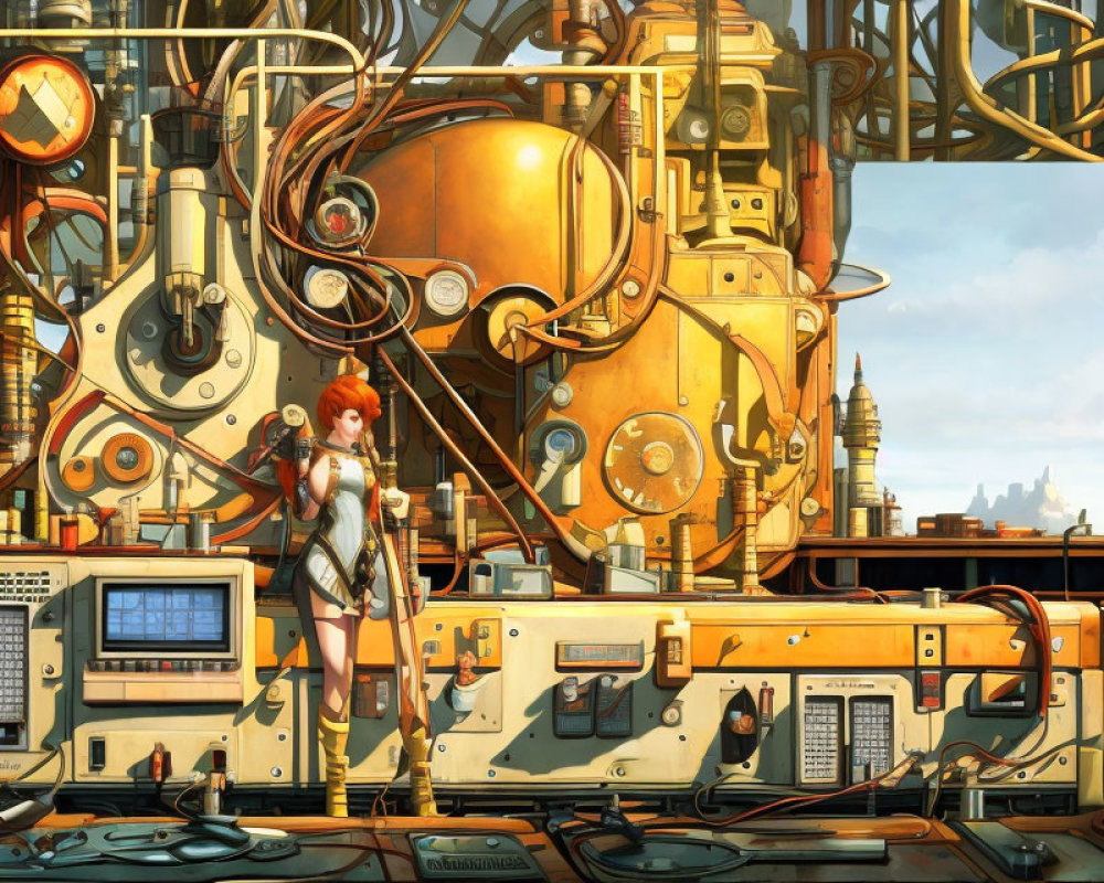 Red-haired Woman in Steampunk Industrial Setting with Machinery
