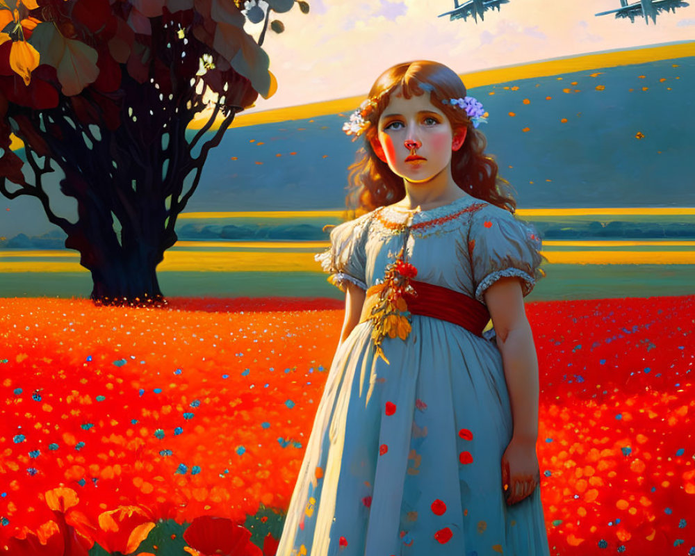 Young girl in blue dress with flower adornments in poppy field with autumn tree and sailboats.