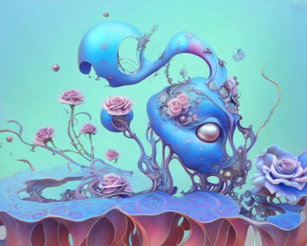 Whimsical blue digital artwork with surreal plant and rose elements