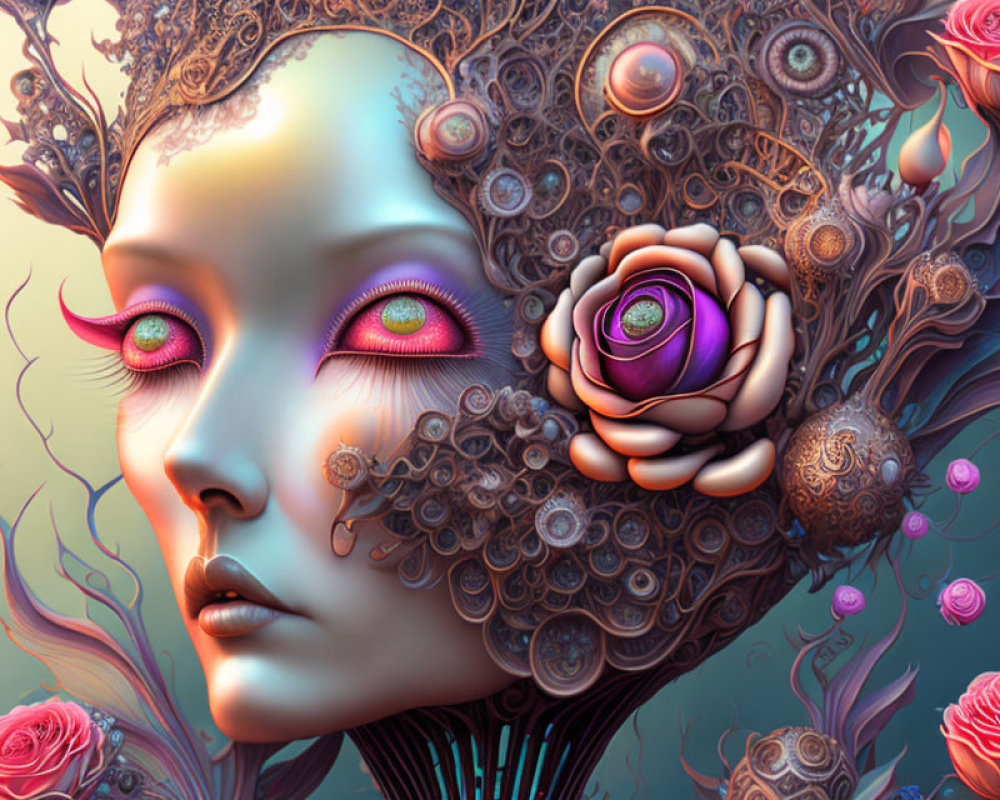 Surrealist portrait blending female face with organic and floral patterns