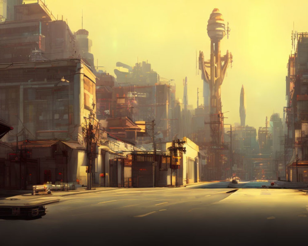 Futuristic cityscape with towering buildings and flying cars