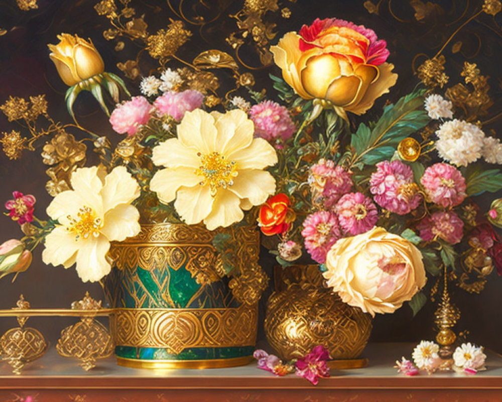 Colorful flower still-life painting with golden vase on reflective surface