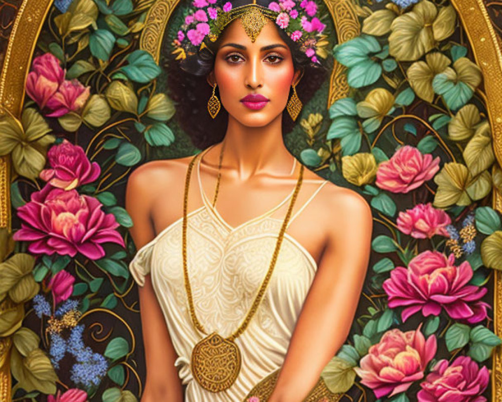 Illustrated portrait of woman with flower headpiece and gold jewelry against Art Nouveau floral backdrop