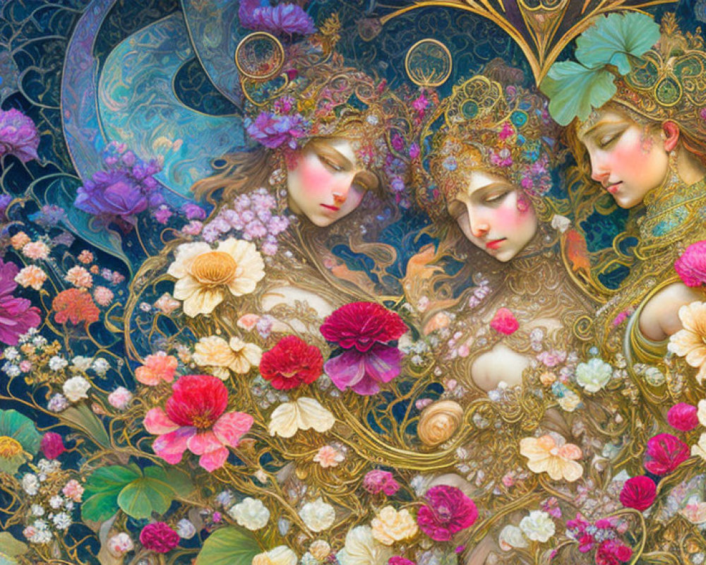 Ethereal female figures with golden headpieces in floral setting