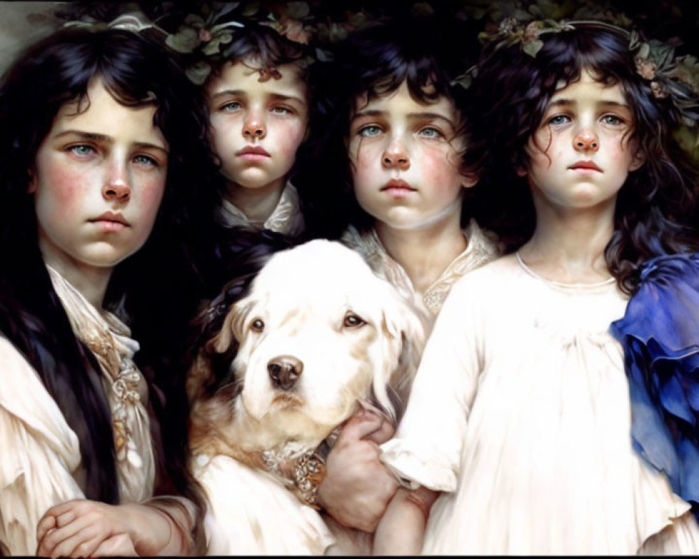 Realistic painting of four children and a white dog in somber tones