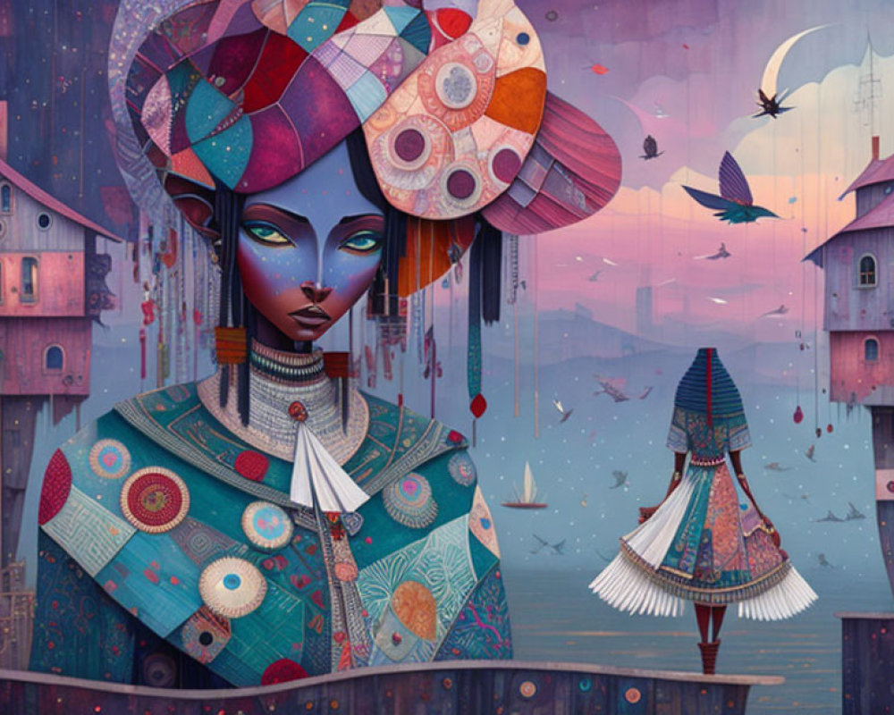 Blue-skinned woman in ethnic attire amid surreal backdrop with flying boats and whimsical architecture