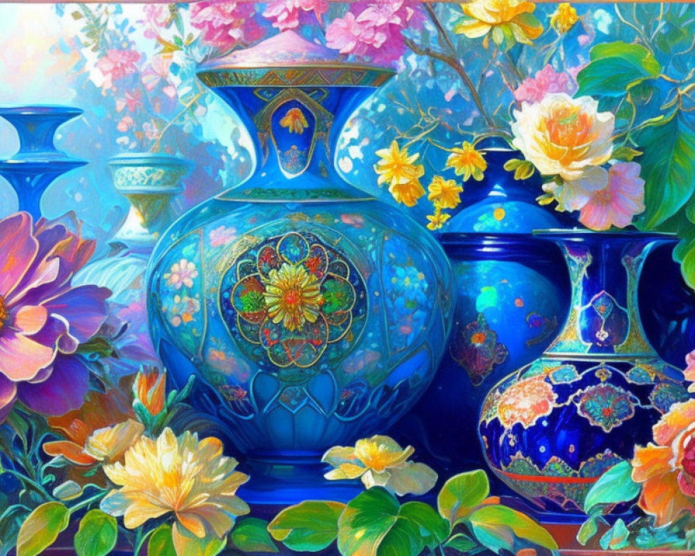 Colorful Vases and Blossoms in Vibrant Still-Life Image