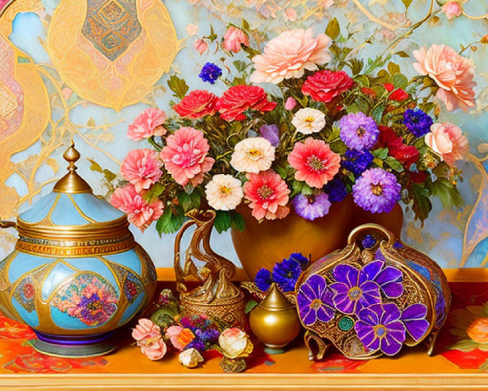 Colorful Flower Bouquet, Golden Teapot, and Metallic Containers on Floral Background