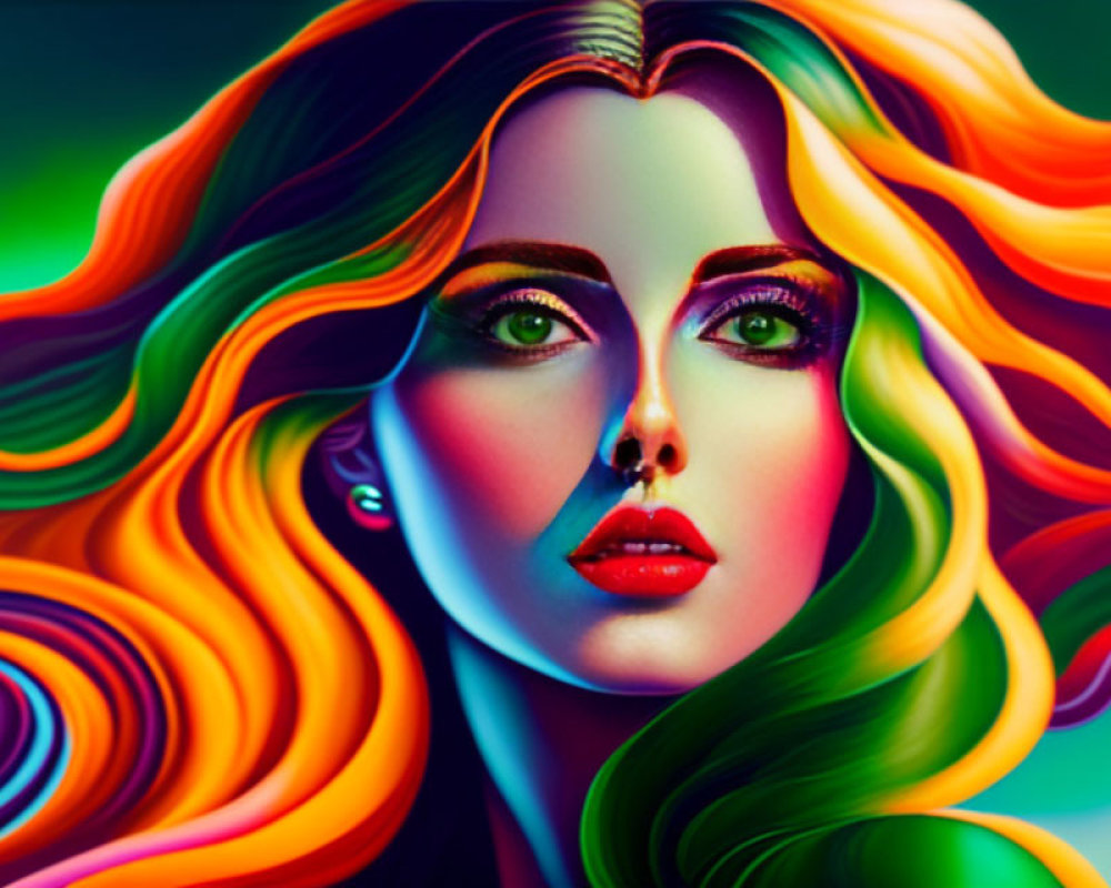 Colorful digital portrait of a woman with multicolored hair and green eyes, showcasing vibrant swirling patterns