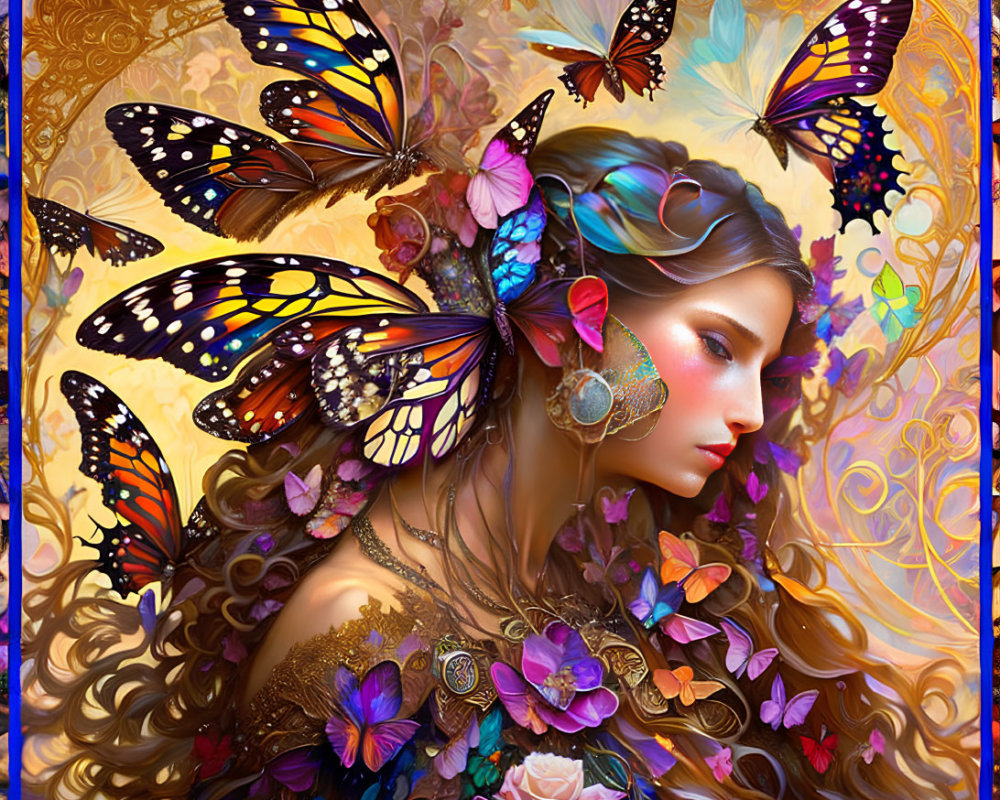 Colorful digital artwork of woman surrounded by butterflies