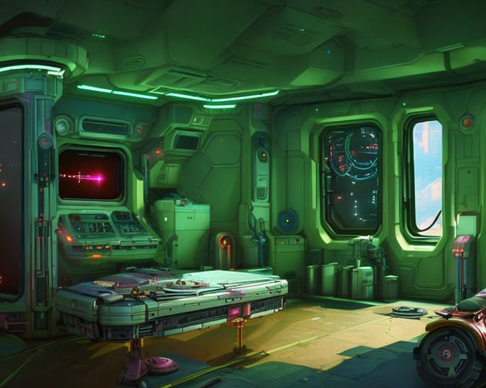 Futuristic spaceship interior with neon lights and control panels