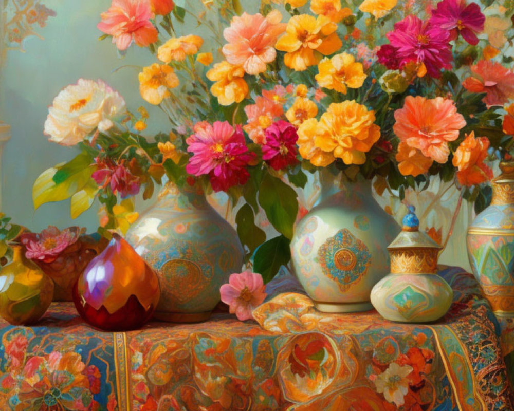 Colorful Flowers in Ornate Vases Against Pastel Background