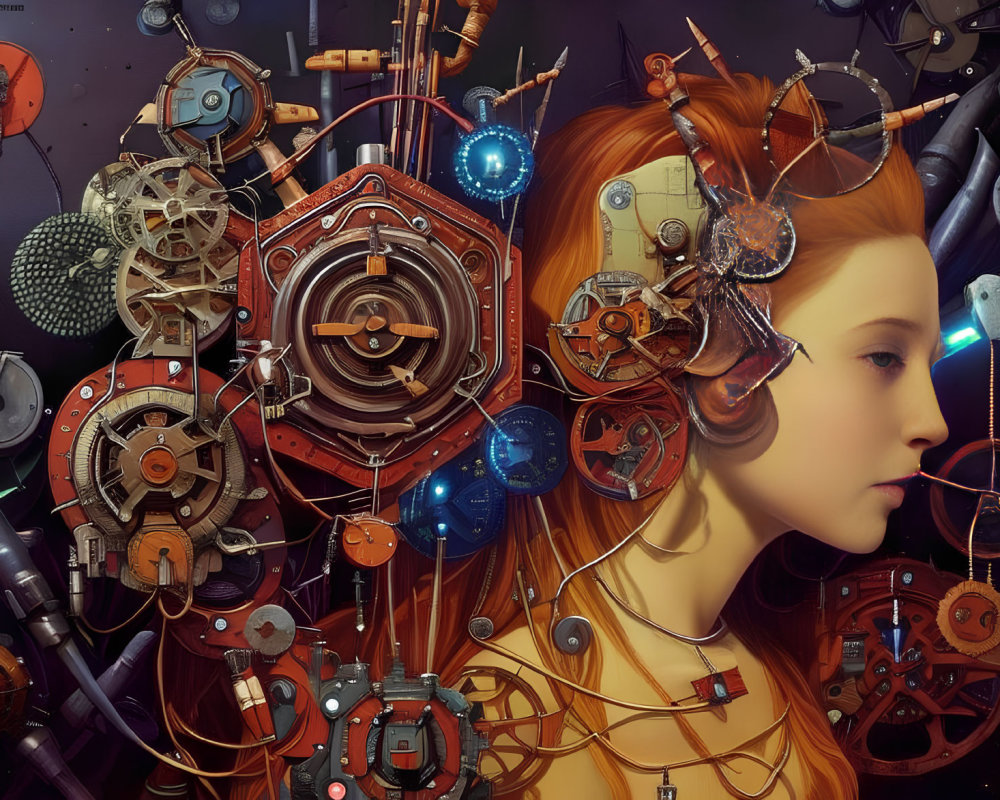 Detailed Digital Artwork: Young Girl Amid Cosmic Machinery