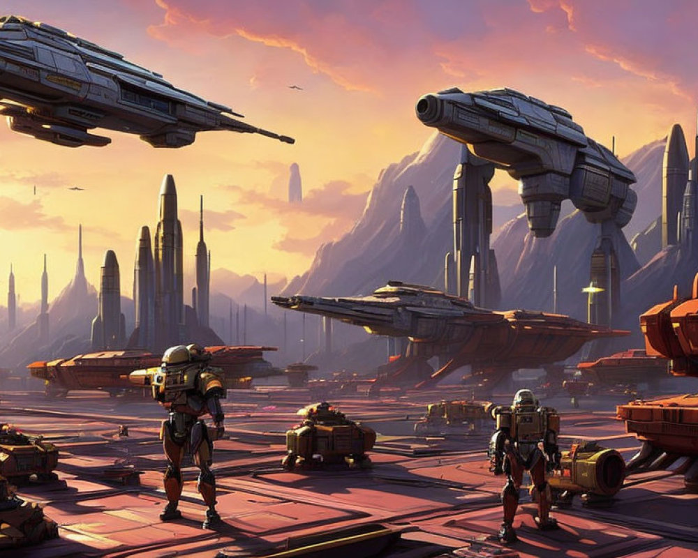 Futuristic cityscape with spaceships and armored figures in pink sky