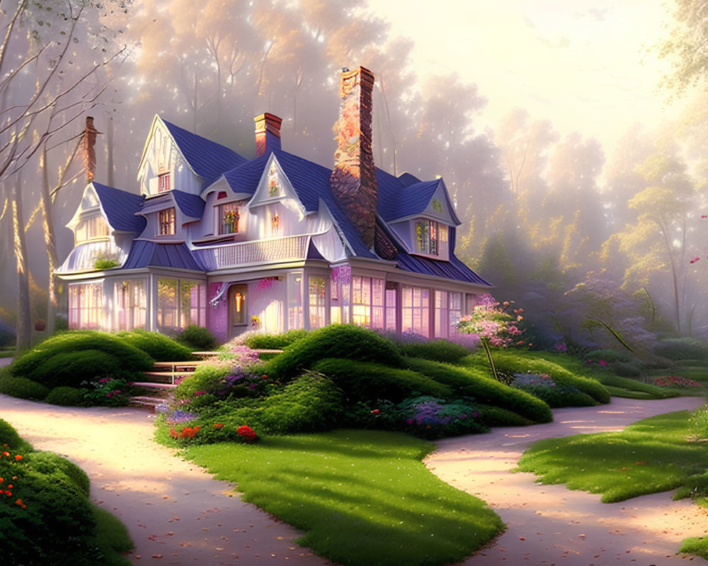 Victorian-style House in Sunlit Forest Clearing