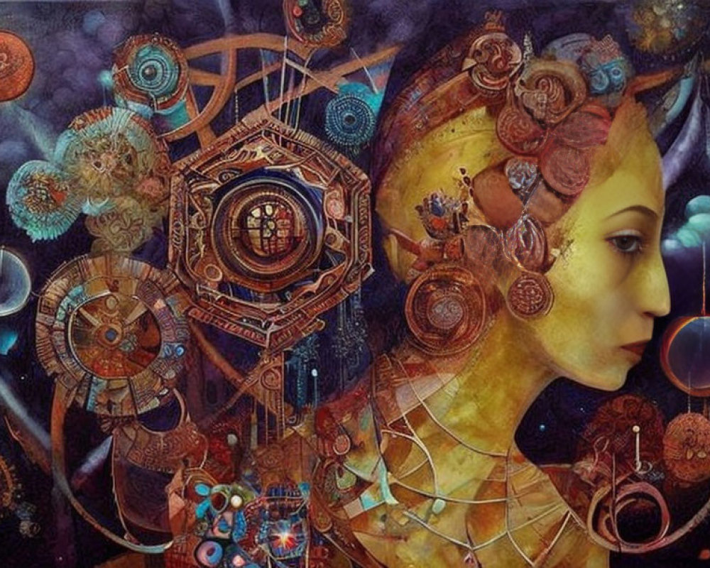 Surreal profile view of a woman with mechanical gears and cosmic elements.