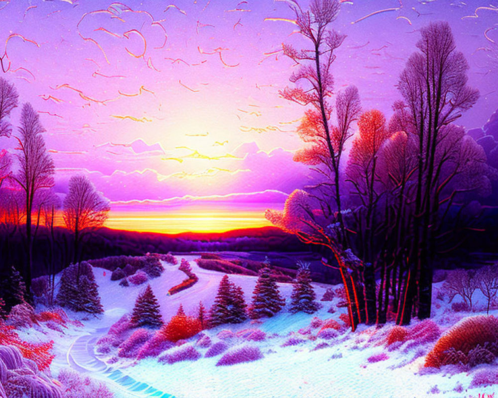 Digital Artwork: Snowy Sunset Landscape with Pink and Purple Hues